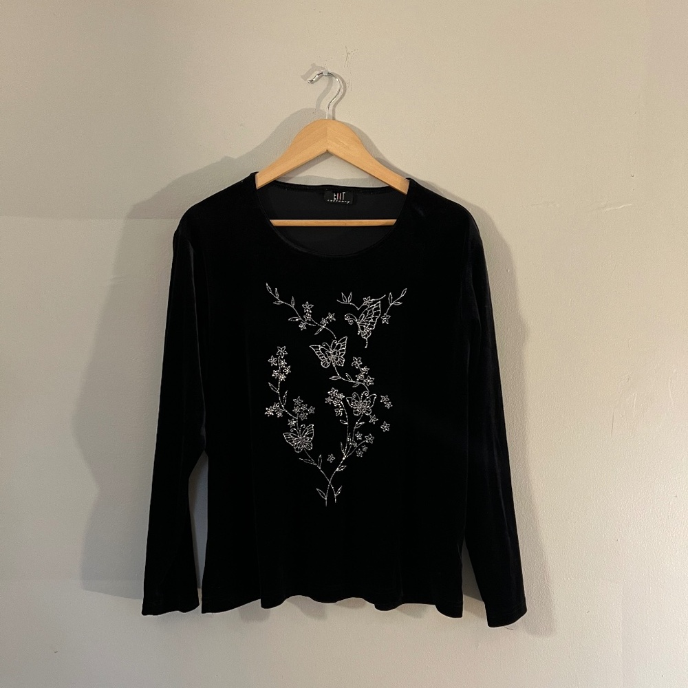 Vintage 90s whimsygoth black velvet glitter butterfly floral long sleeve top XL